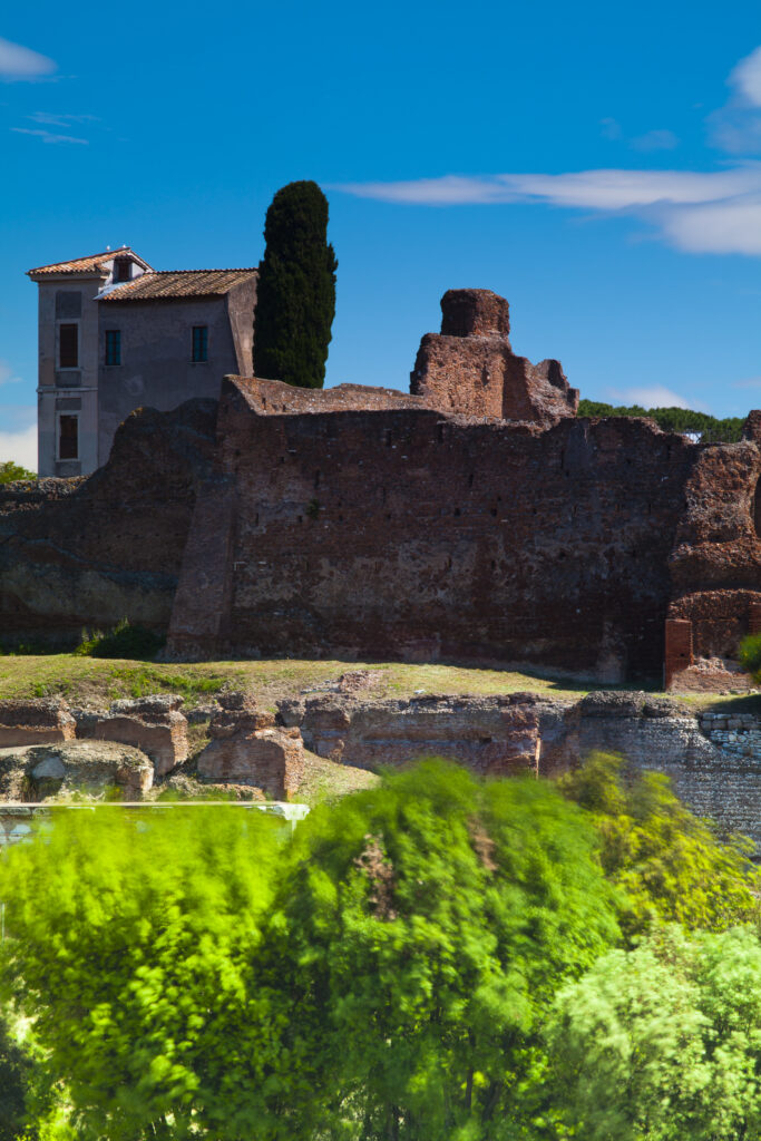 Italy, Lazio, Rome. Looking towards the Palatine, ruins in the heart of Rome near the Colosseum.