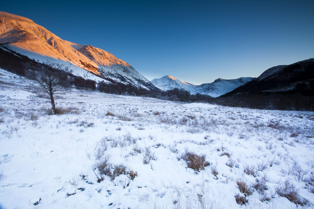 Scotland, Scottish Highlands, Glen Nevis. The snow covered Glen Nevis, looking towards Carn Dearg on the lower slopes of the highest mountain to be found in Scotland and the UK - Ben Nevis.