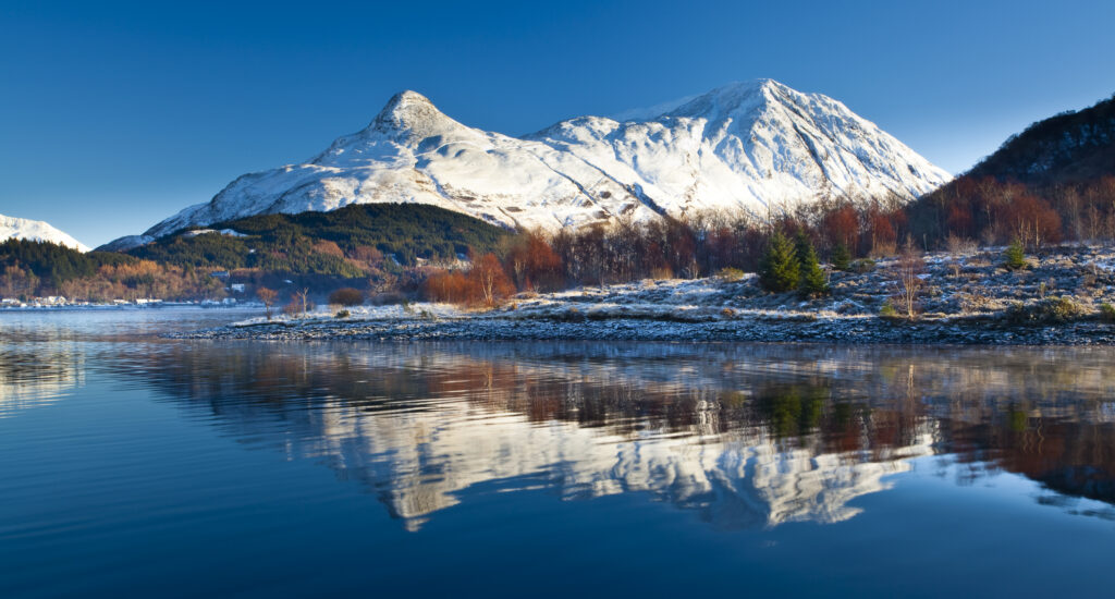 Scotland, Scottish Highlands, Loch Leven. The Pap of Glencoe (Sgorr na Ciche) reflected in the still waters of Loch Leven on a mid-winters day.
