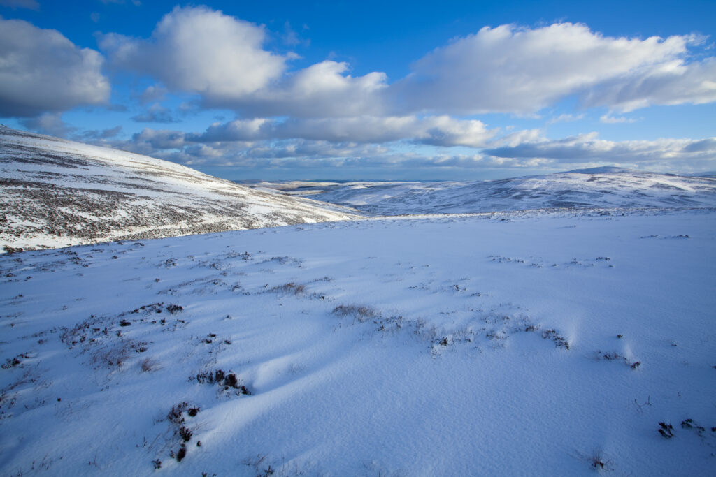 England, Northumberland, Northumberland National Park. Snow on the Cheviot Hills near Comb Fell and the Breamish Valley.