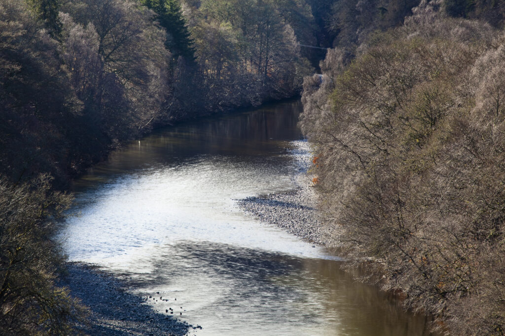 Scotland, Scottish Highlands, Killiecrankie. The River Garry and surrounding woodland, near the Pass of Killiecrankie.