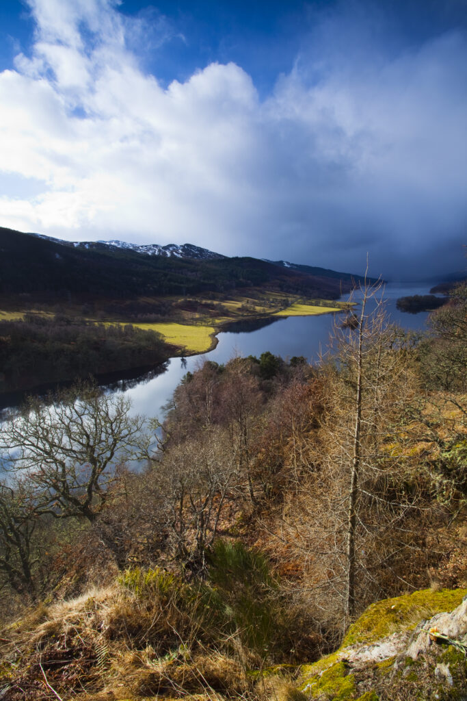 Scotland, Scottish Highlands, Loch Tummel. Storm clouds gather over Loch Tummel viewed from the viewpoint know as Queen's View.
