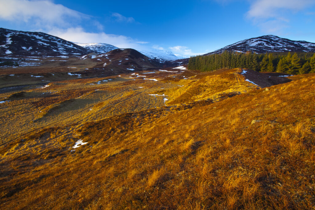 Scotland, Scottish Highlands, Cairngorms National Park. View from Glen Banchor near Newtonmore looking towards the Monadhliath Mountains.