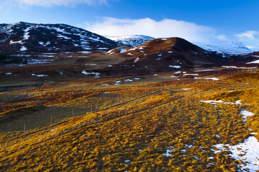 Scotland, Scottish Highlands, Cairngorms National Park. View from Glen Banchor near Newtonmore looking towards the Monadhliath Mountains.