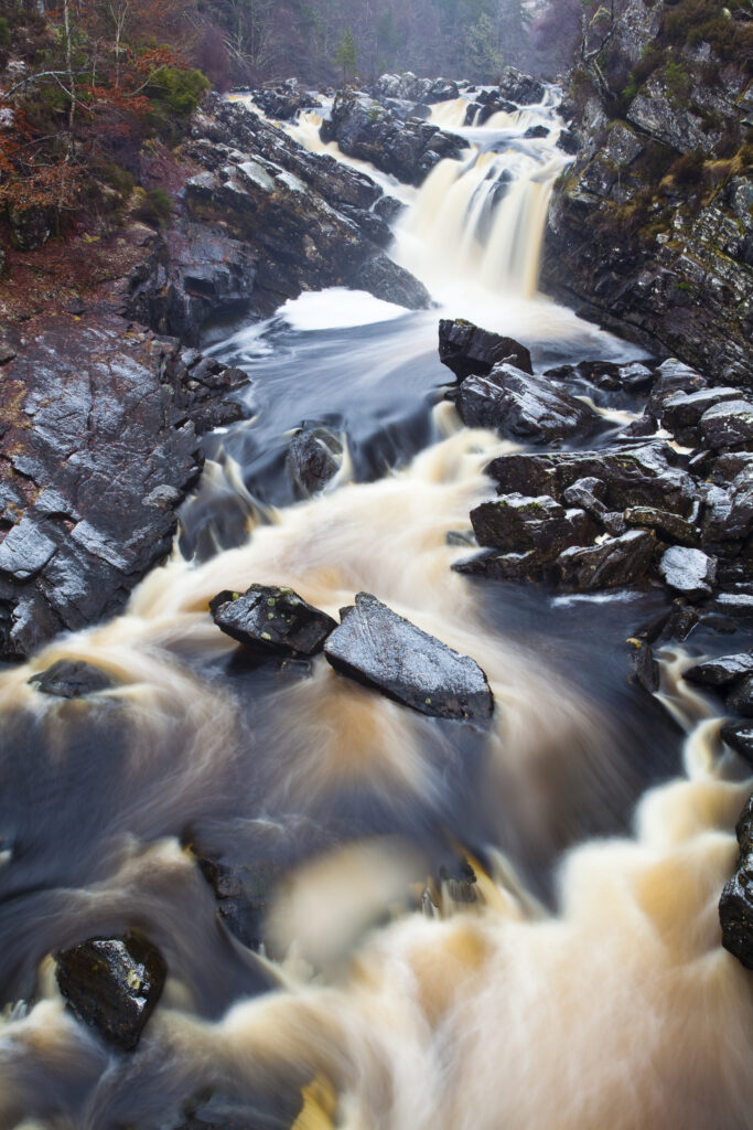 Scotland, Scottish Highlands, Rogie Waterfalls. A cascade of Peat coloured water at Rogie Falls, near Contin.