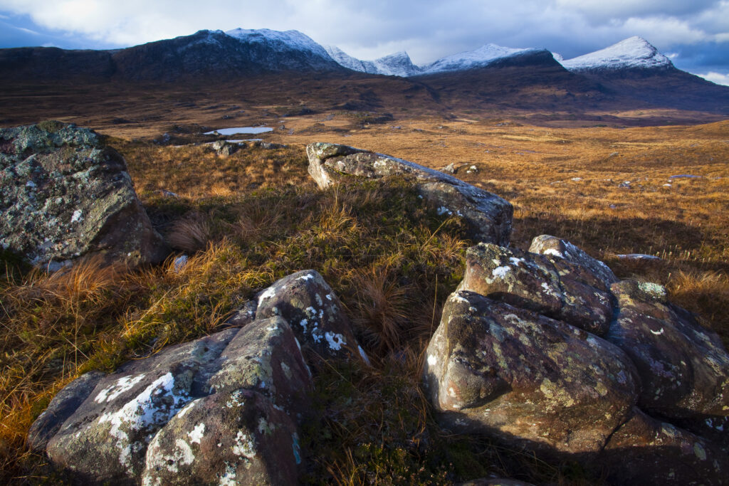Scotland, Scottish Highlands, Assynt. Looking towards the Coigach Mountain range from moorland above Loch Lurgainn.