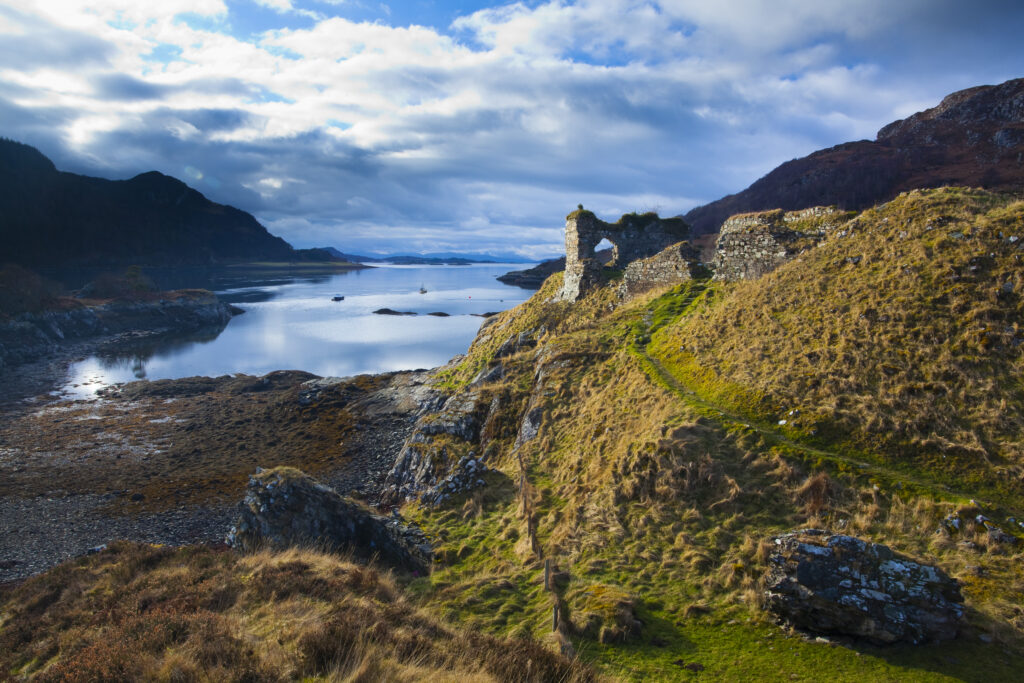 Scotland, Scottish Highlands, Strome Castle. The enigmatic ruins of Strome Castle, situated alongside Loch Carron.