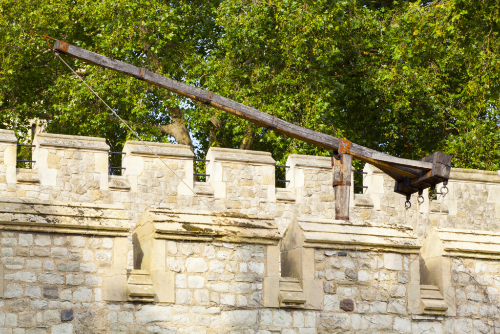England, Greater London, London Borough of Tower Hamlets. Catapult used as a defensive weapon for the Tower of London, located on the north bank of the River Thames.