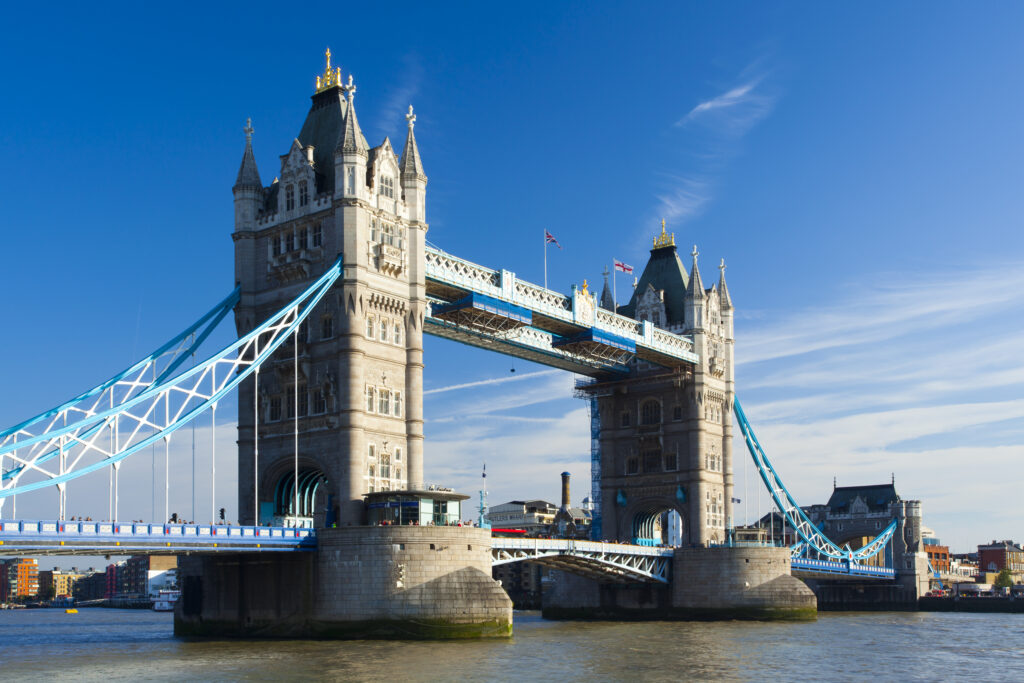 England, Greater London, Pool of London. The iconic Tower Bridge which spans the River Thames near the Tower of London.