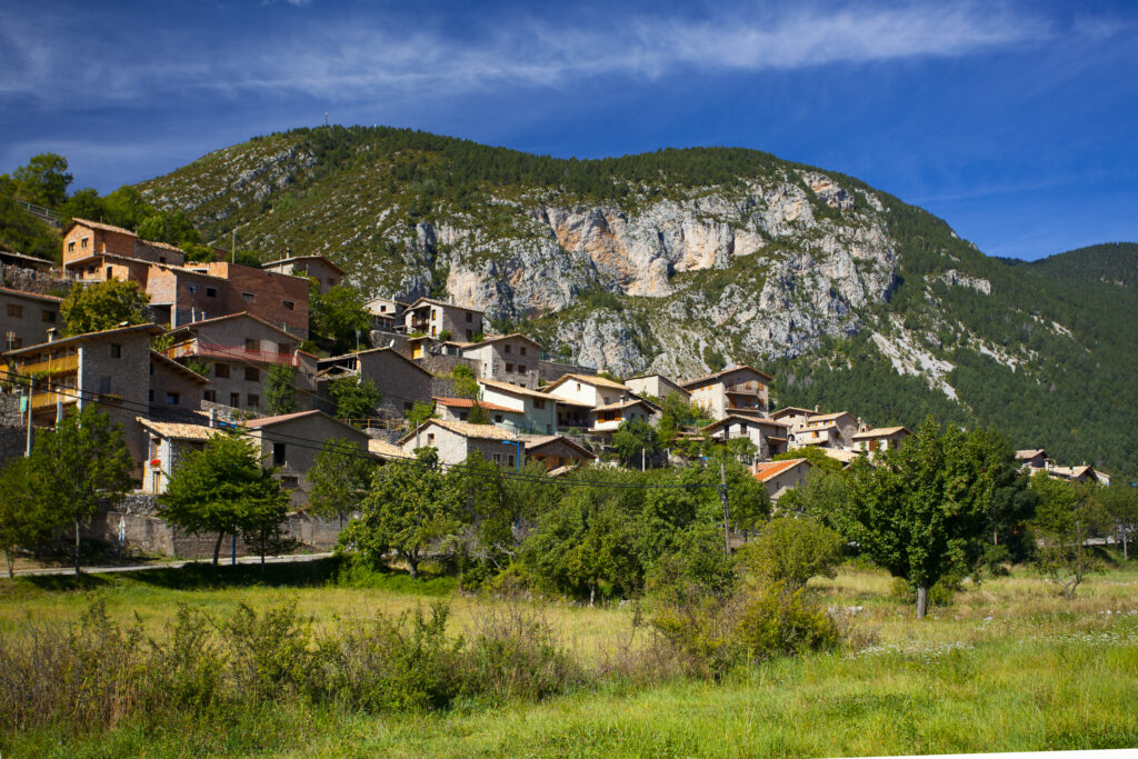 Spain, Catalonia, Pyrenees, Gósol. Houses in the village of Gosol in the Catalonian Pyrenees mountains.
