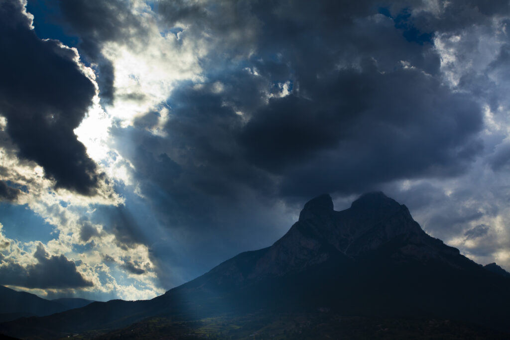 Spain, Catalonia, Pyrenees, Pedraforca. The Pedraforca Mountain in the heart of the Cadí-Moixeró Natural Park.