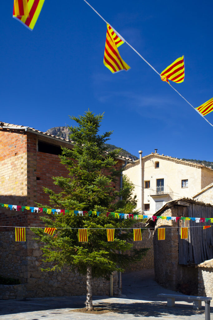 Spain, Catalonia, Pyrenees, Tuixén. Typical Pyrenees buildings and street in the village of Tuixen.
