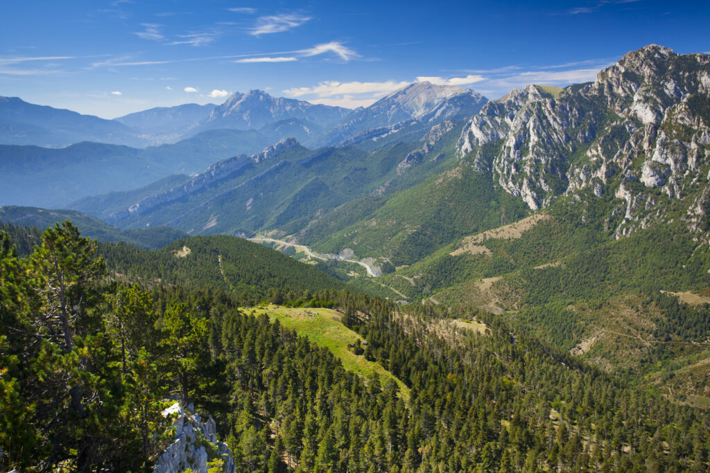 Spain, Catalonia, Pyrenees, Cadí-Moixeró Natural Park. The Pyrenees mountain range in the Cadí-Moixeró Natural Park.