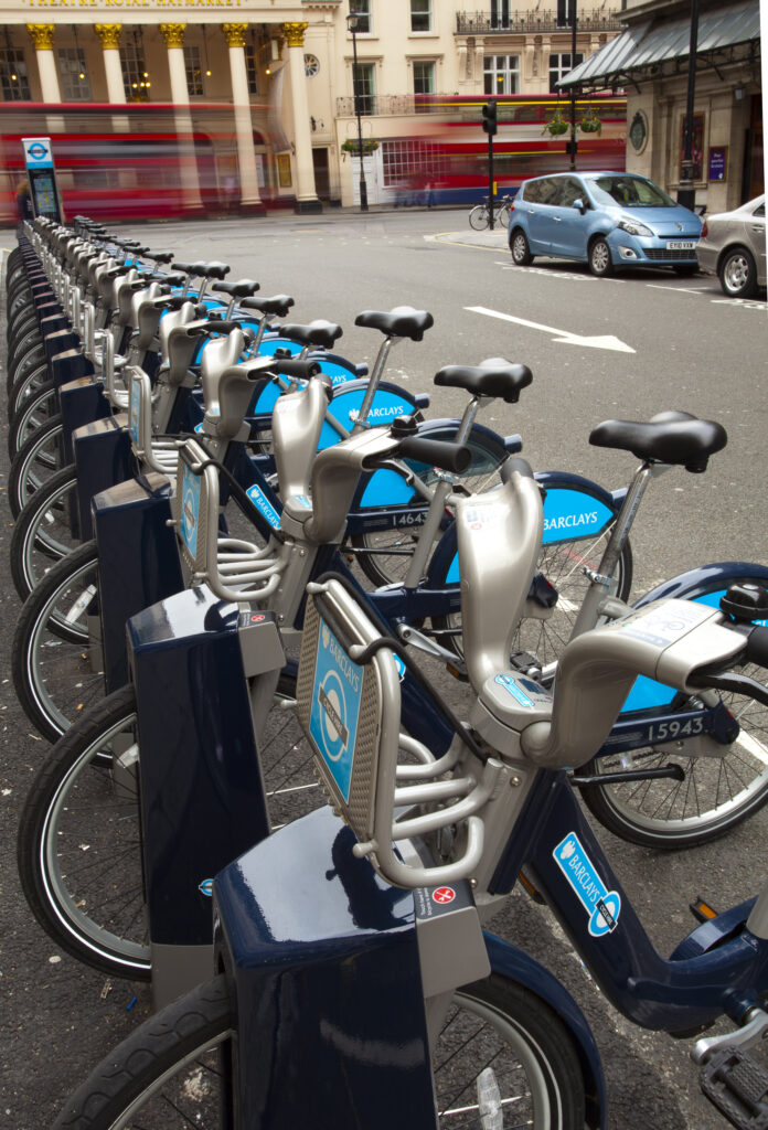 England, Greater London, City of Westminster. London Barclays Cycle Hire docking station located near the Theatre Royal Haymarket in the city of London. The London Cycle Hire scheme has been nicknamed 'Boris Bikes' after the present mayor, Boris Johnson, who introduced the scheme.