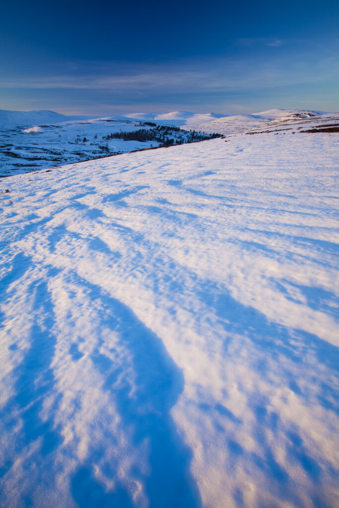 Scotland, Scottish Highlands, Cairngorms National Park. Late afternoon light illuminates the rolling eastern hills of the Cairngorms National Park.
