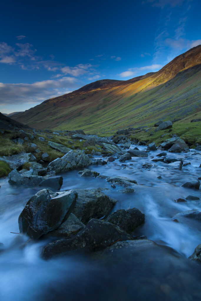 England, Cumbria, The Lake District. The Gatesgarthdale Beck running downstream towards Bettermere from the Honister Pass.