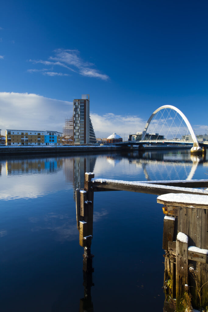 Scotland, Glasgow, Glasgow City. Glasgow's Clyde Arc bridge. More commonly known as the Squinty Bridge, and the Clyde Quayside redevelopment area.