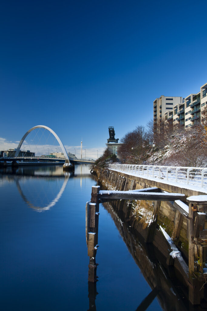 Scotland, Glasgow, Glasgow City. Glasgow's Clyde Arc bridge. More commonly known as the Squinty Bridge, and the Clyde Quayside redevelopment area.