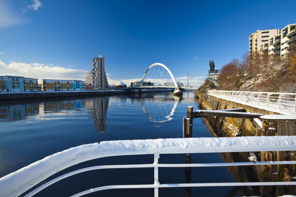 Scotland, Glasgow, Glasgow City. Glasgow's Clyde Arc bridge. More commonly known as the Squinty Bridge, and the Clyde Quayside redevelopment area.