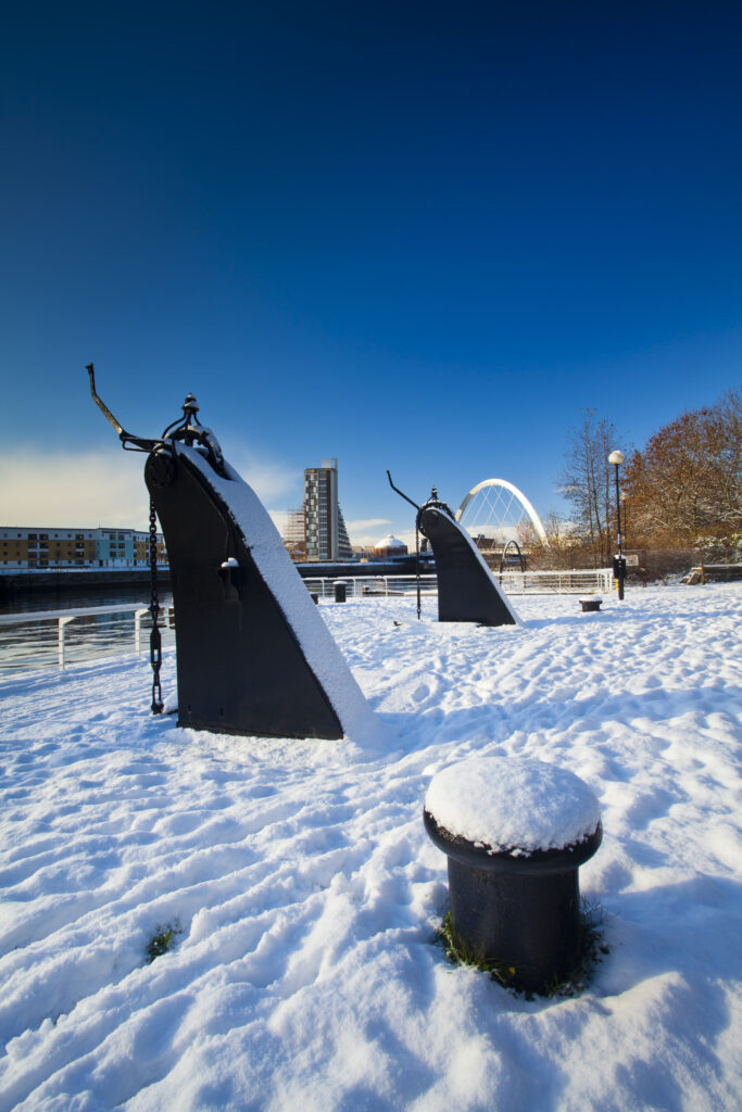 Scotland, Glasgow, Glasgow City. Glasgow's Clyde Arc bridge. More commonly known as the Squinty Bridge, and the Clyde Quayside redevelopment area.