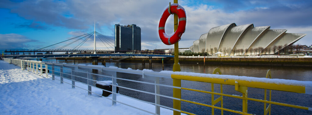 Scotland, Glasgow, Pacific Quay. Panoramic view of the Scottish Exhibition and Conference Centre located on the Pacific Quay near the River Clyde. The building is referred to locally as the Armadillo.