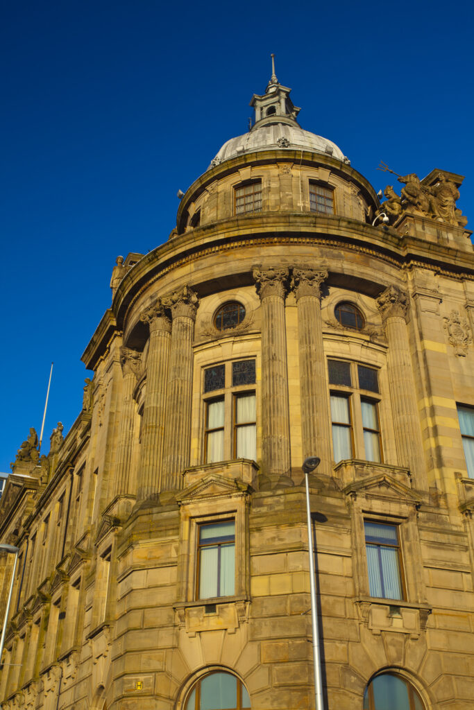 Scotland, Glasgow, Glasgow City. Detail shot of ornate architecture in Glasgow City.