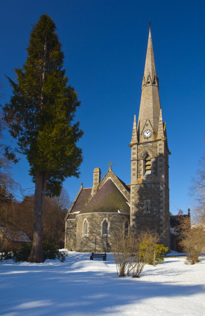 Scotland, Scottish Highlands, Cairngorms National Park. Braemar Church photographed on a crisp, winter morning.