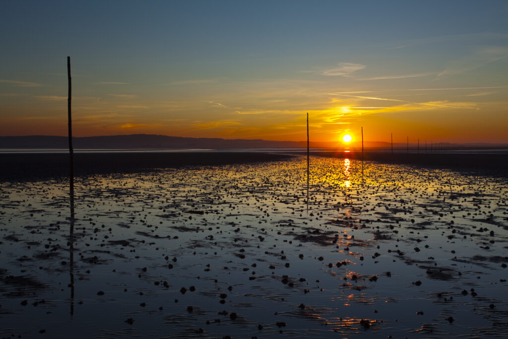 England, Northumberland, Northumberland Heritage Coast. The Pilgrim's Causeway linking the Holy Island of Lindisfarne off the Northumberland Coast with the mainland.