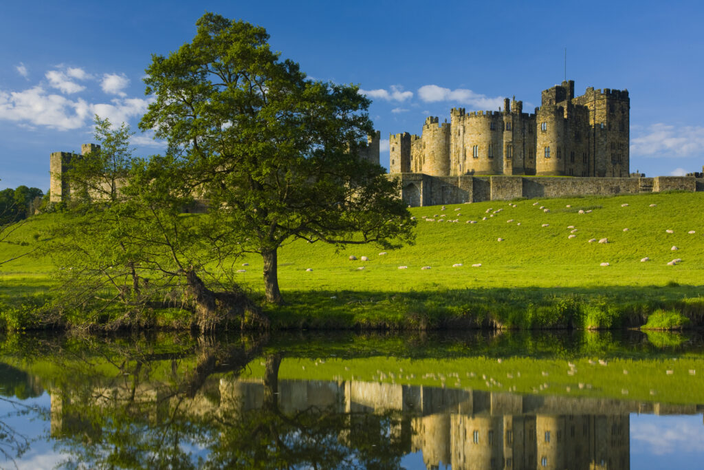 England, Northumberland, Alnwick. Alnwick Castle reflected in the still waters of the River Aln.