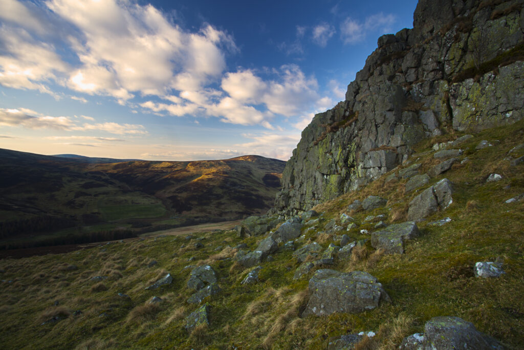 England, Northumberland, Harthope Valley. The Cheviot Hills and the Northumberland National Park viewed from Housey Crags above the Harthope Valley.
