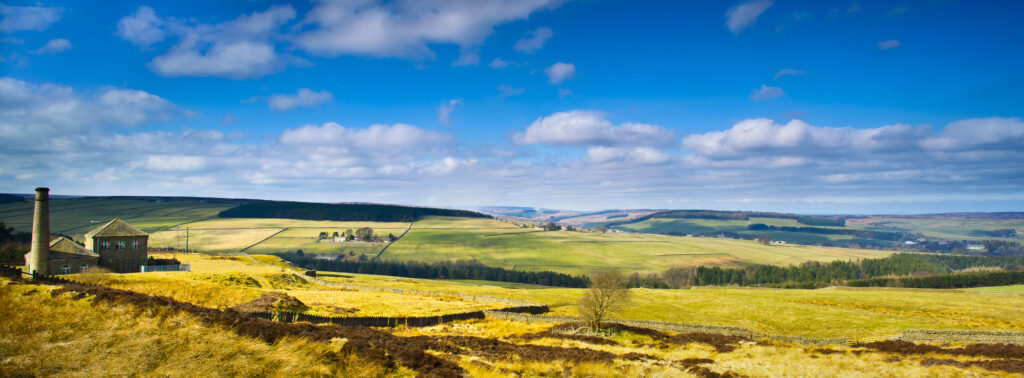 England, County Durham, North Pennines. Panoramic view of the Derwent Valley in the North Pennines Area of Outstanding Natural Beauty and European Geopark