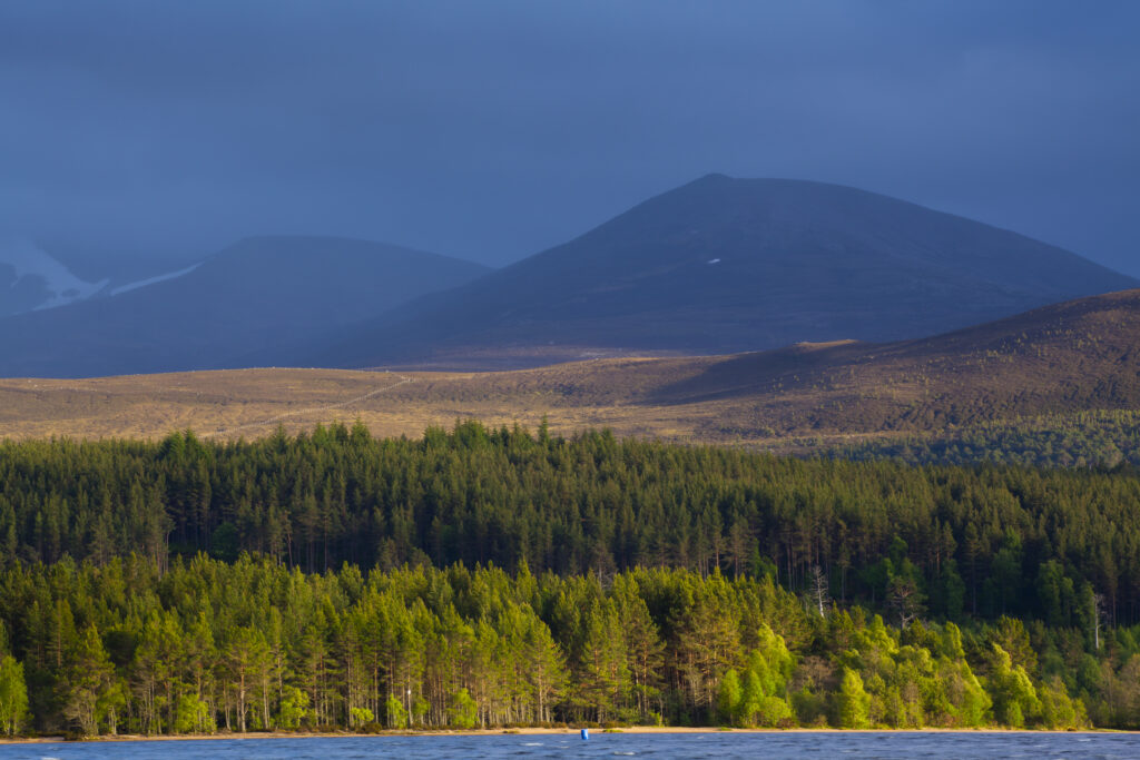 Scotland, Scottish Highlands, Cairngorms National Park. A stormy evening on Loch Morlich with the Cairngorm Moutain Range in the distance.
