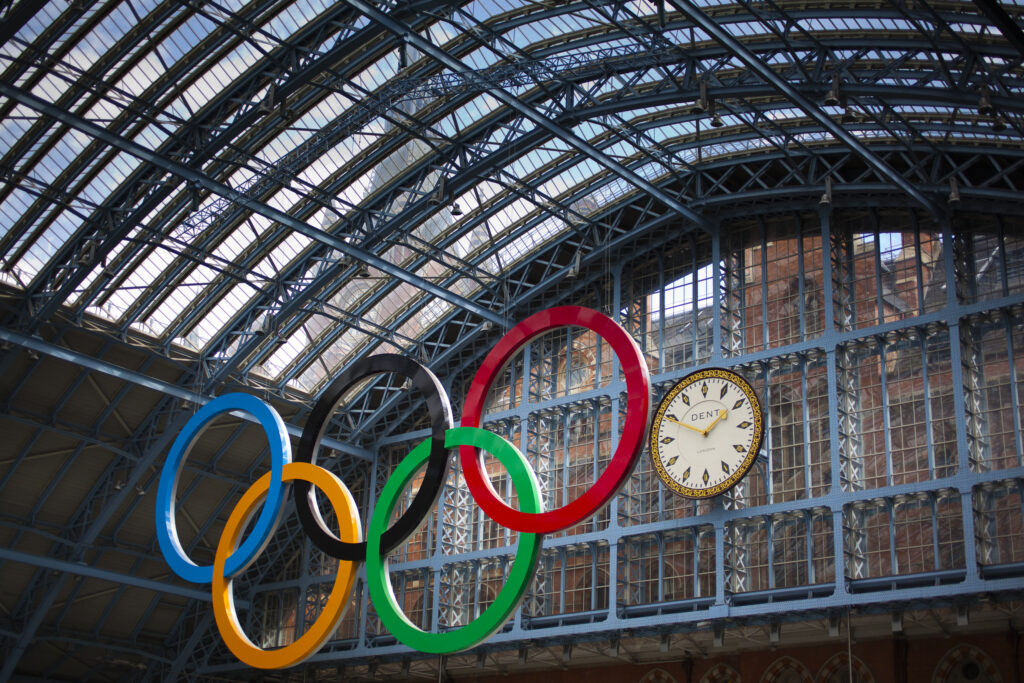 England, Greater London, London Borough of Camden. Olympic sign celebrating the 2012 London Olympics on display in the London St Pancras Internationa railway station near King's Cross.