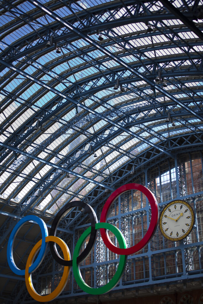 England, Greater London, London Borough of Camden. Olympic sign celebrating the 2012 London Olympics on display in the London St Pancras Internationa railway station near King's Cross.