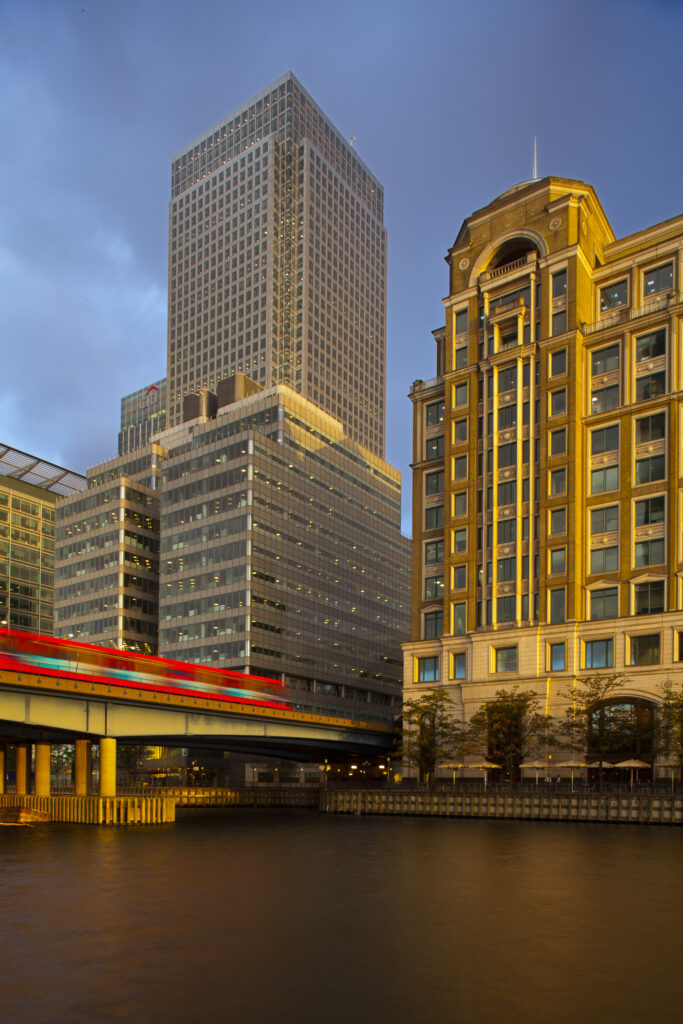 England, London, Docklands, West India Quay. One Canada Square, one of the UK's tallest buildings behind West India Quay, in the heart of Canary Wharf.
