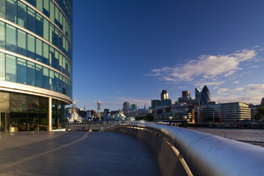 England, London, Southwark. The 'More London' develpoment near the London City Hall, looking towards the financial district of the City of London and the Gherkin.