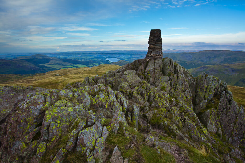 England, Cumbria, Lake District National Park. Trig point above Place Fell on Patterdale Common in the North-Eastern Lake District near Ullswater.