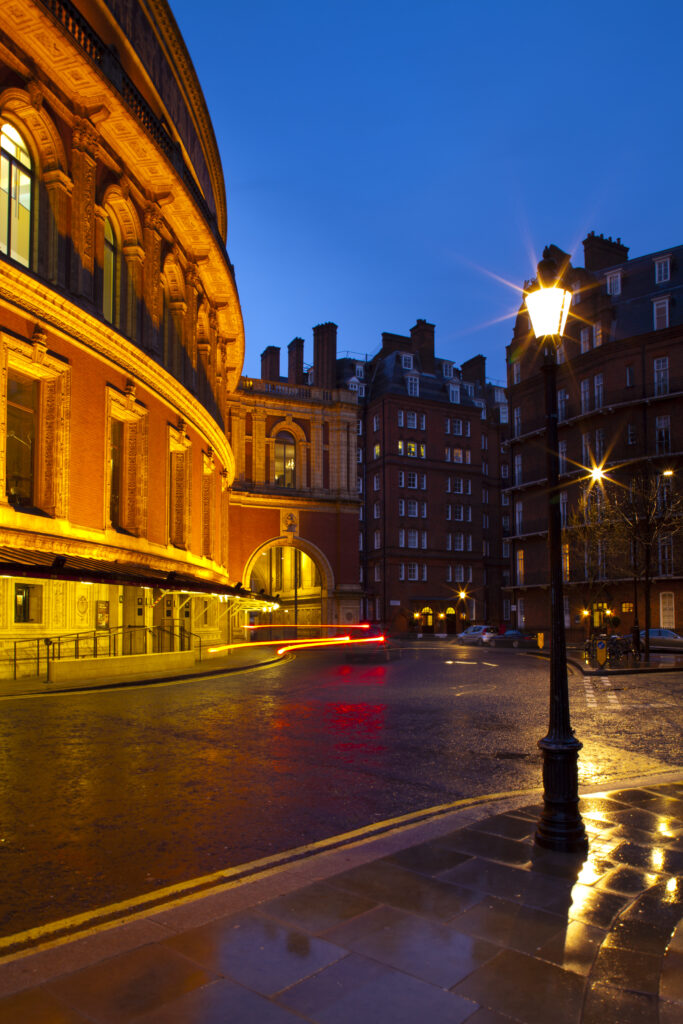 England, London, The Royal Borough of Kensington and Chelsea, The Royal Albert Hall. Ornate street lamp outside the Royal Albert Hall.