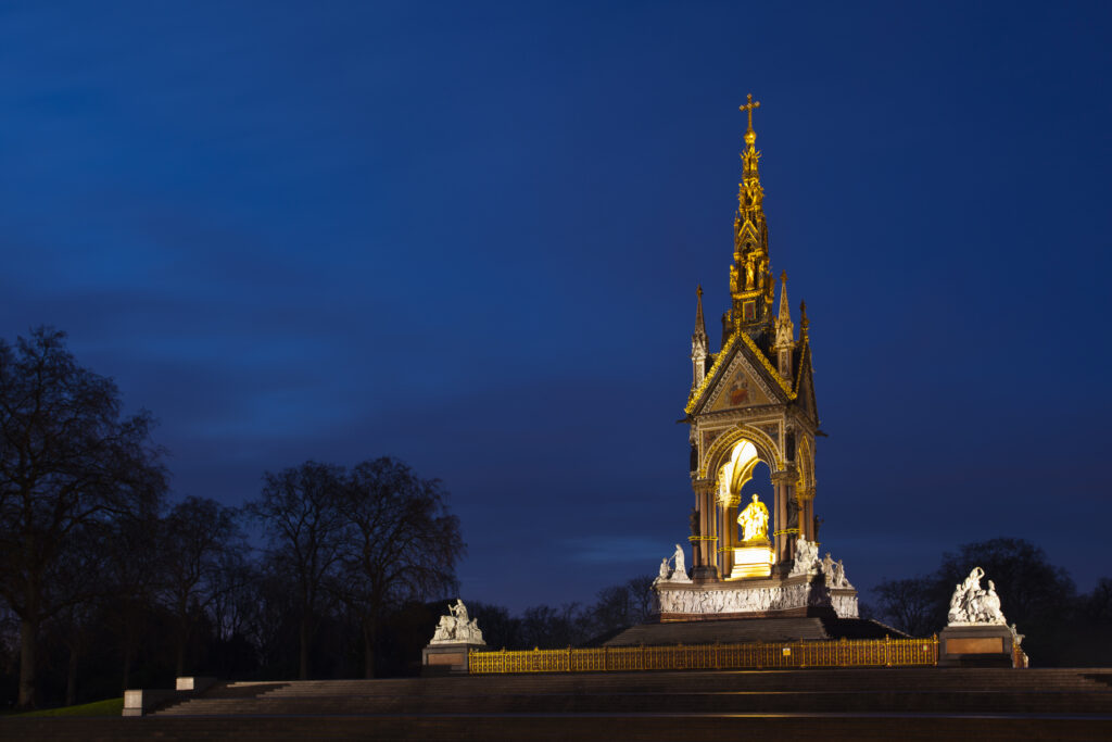 England, London, The Royal Borough of Kensington and Chelsea, The Albert Memorial - Kensington Gardens. The Albert Memorial, situated in Kensington Gardens opposite the Royal Albert Hall.
