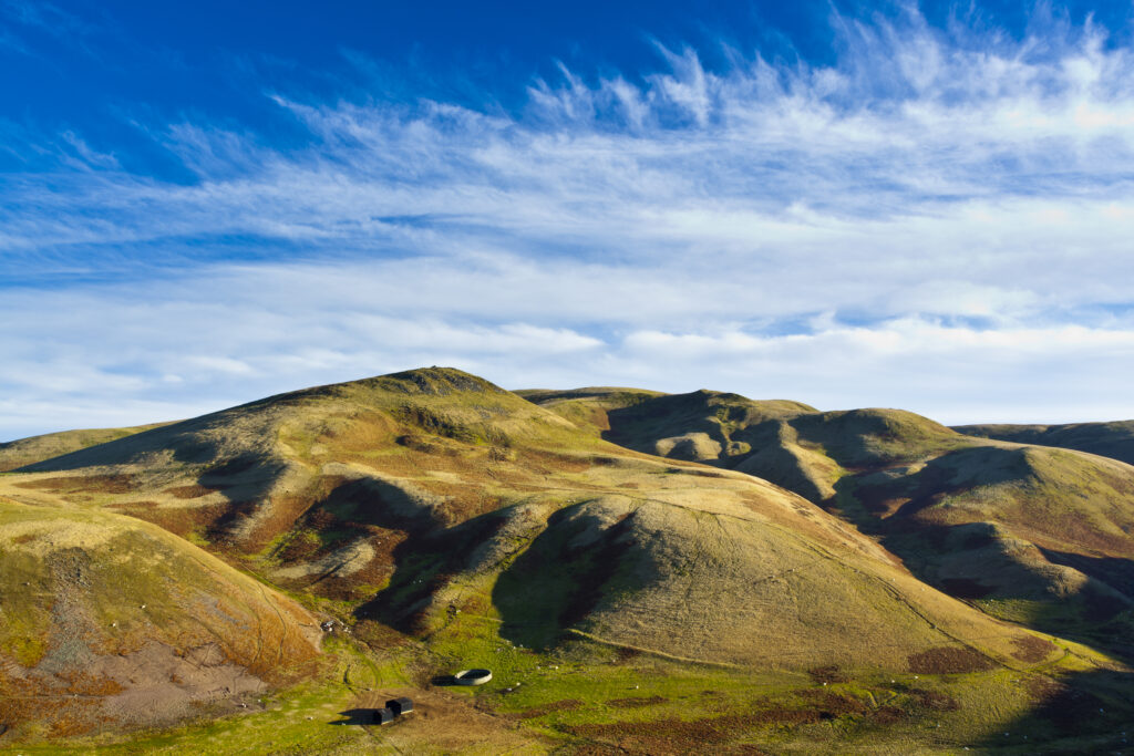 England, Northumberland, Northumberland National Park. Lamb Hill in the Cheviot Hills, part of the Northumberland National Park, viewed from Dere Street in the Scottish Borders