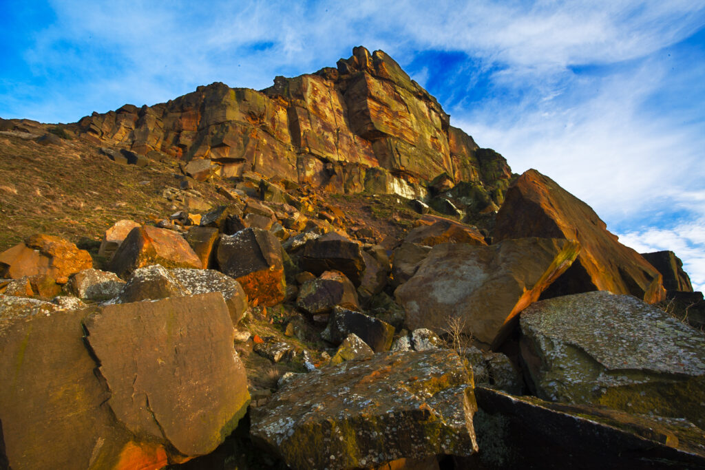 England, North Yorkshire, North York Moors National Park. The summit face of Roseberry Topping, a distinctive Hill in the North York Moors National Park known as the 'Matterhorn of the North'.