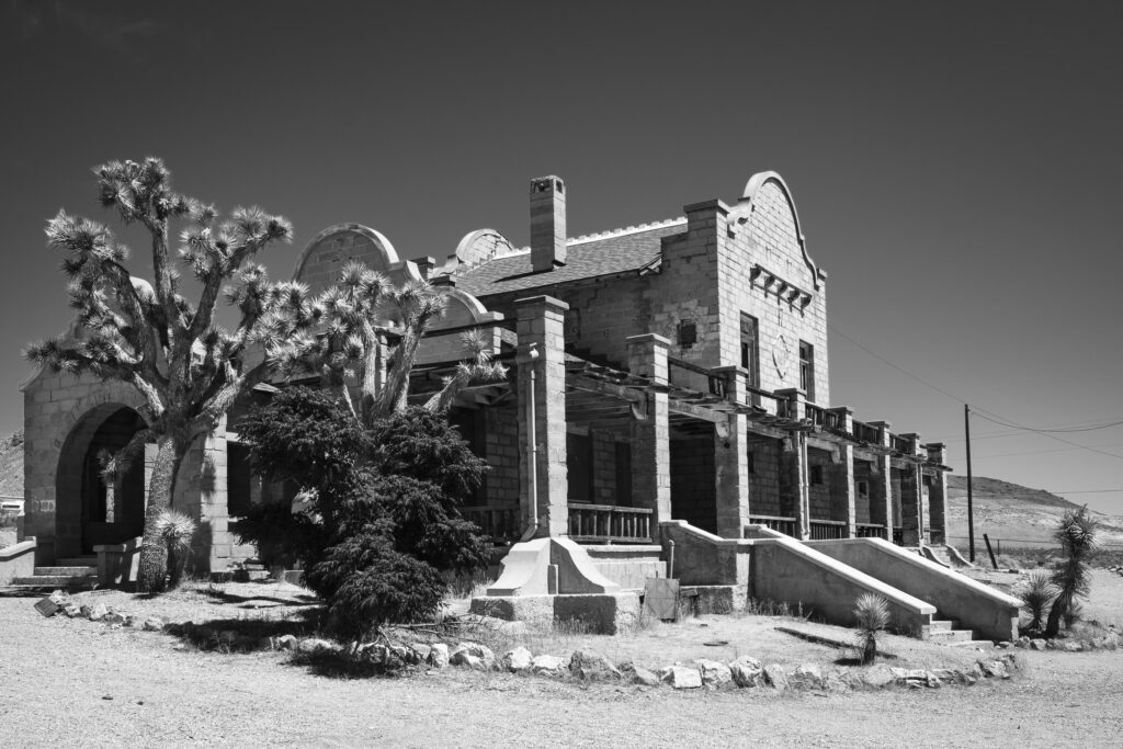 United States of America, Nevada, Rhyolite Ghost Town. Abandoned building in the Rhyolite Ghost Town in the Nevada Desert.
