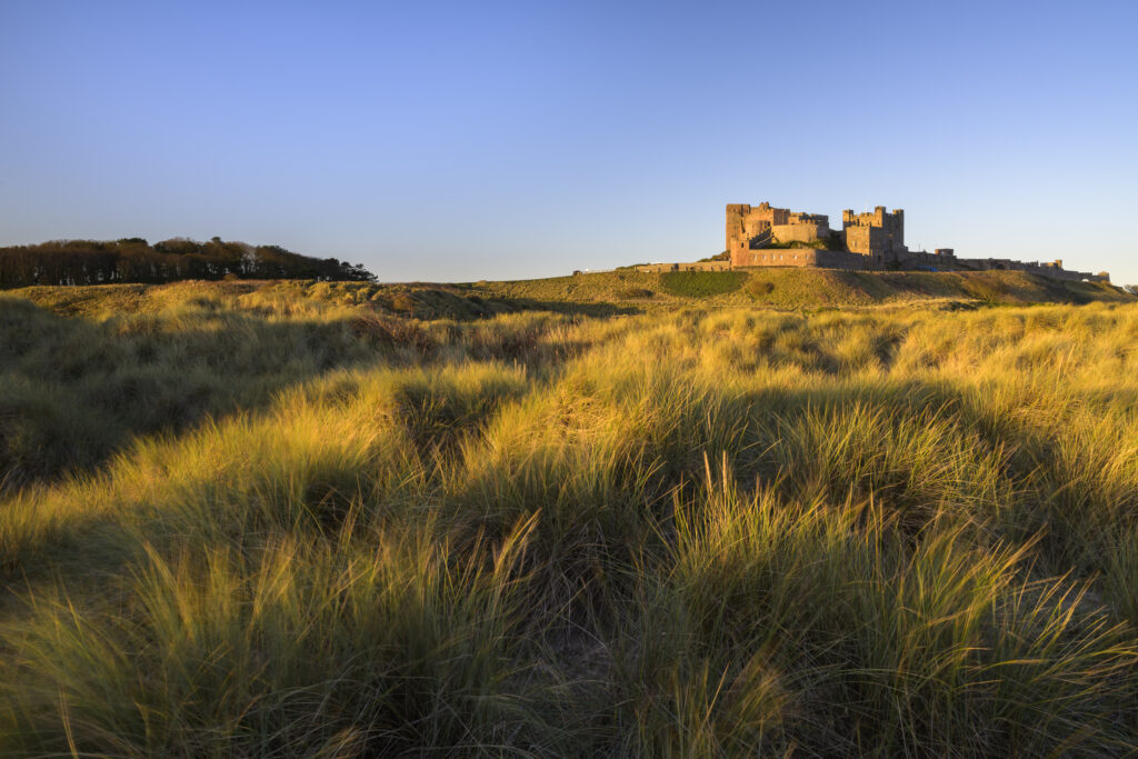 England, Northumberland, Bamburgh. Early morning light on the sand dunes overlooked by Bamburgh Castle.