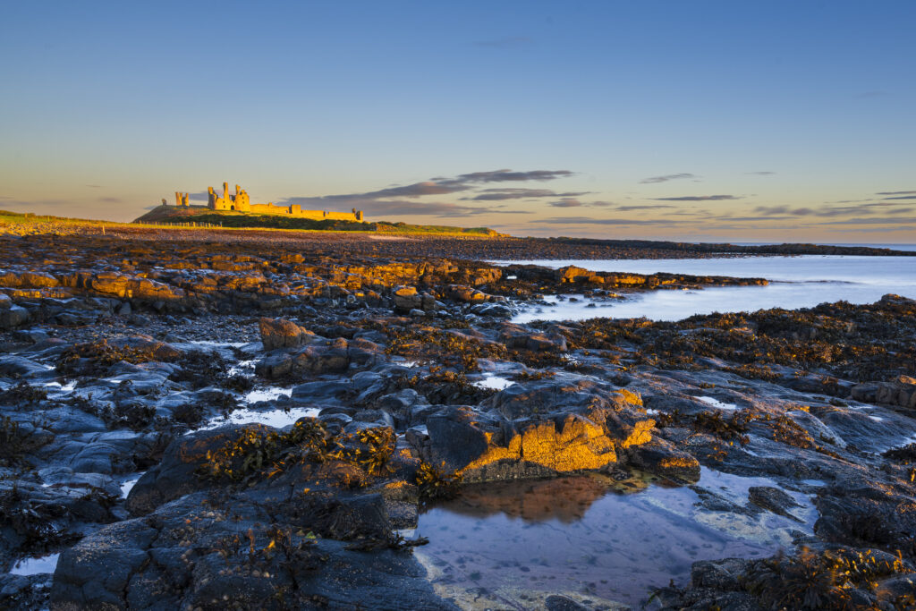 England, Northumberland, Dunstanburgh Castle. Dunstanburgh Castle at dawn, located along the Northumberland Heritage Coast.