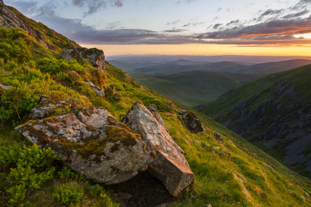 England, Northumberland, Northumberland National Park. Looking down Hen Hole from the Cheviot towards the Scottish Borders & Uplands.