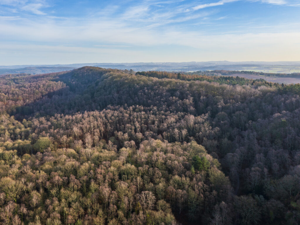 England, West Midlands, Kinver Edge. Aerial view of the sandstone ridge forming Kinver Edge - A popular walking location in Staffordshire.