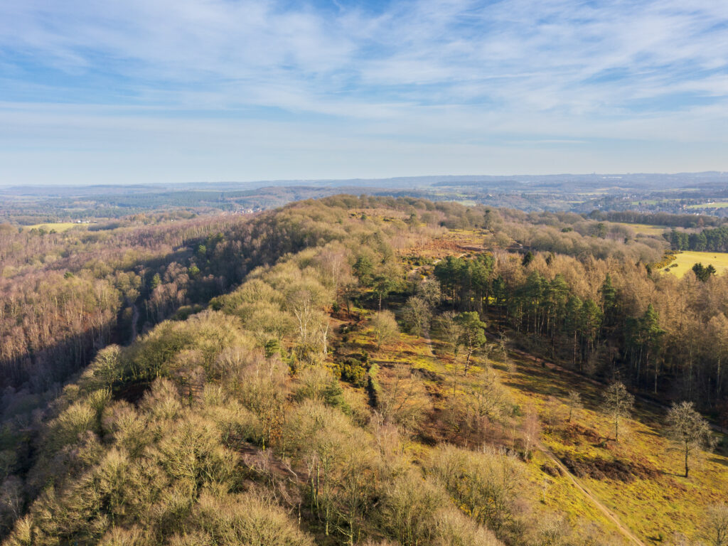 England, West Midlands, Kinver Edge. Aerial view of the sandstone ridge forming Kinver Edge - A popular walking location in Staffordshire.