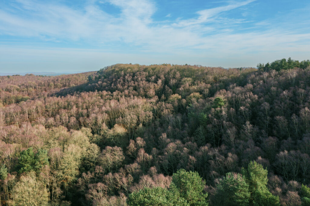 England, West Midlands, Kinver Edge. Aerial view of the sandstone ridge forming Kinver Edge - A popular walking location in Staffordshire.