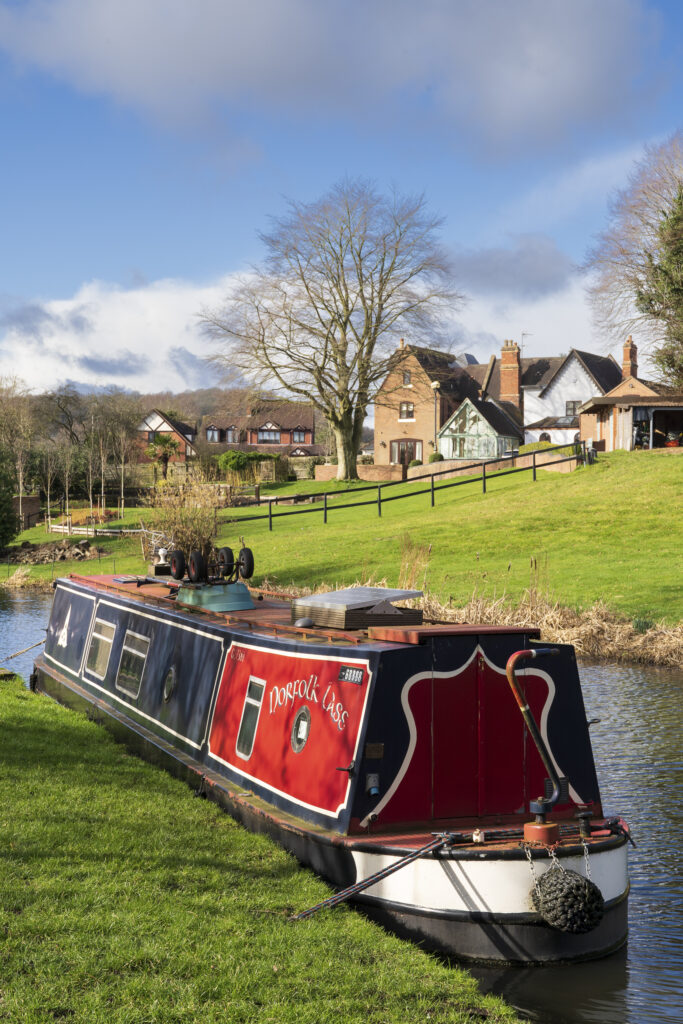 England, West Midlands, Kinver. Narrowboat moored on the Staffordshire and Worcestershire Canal near Kinver