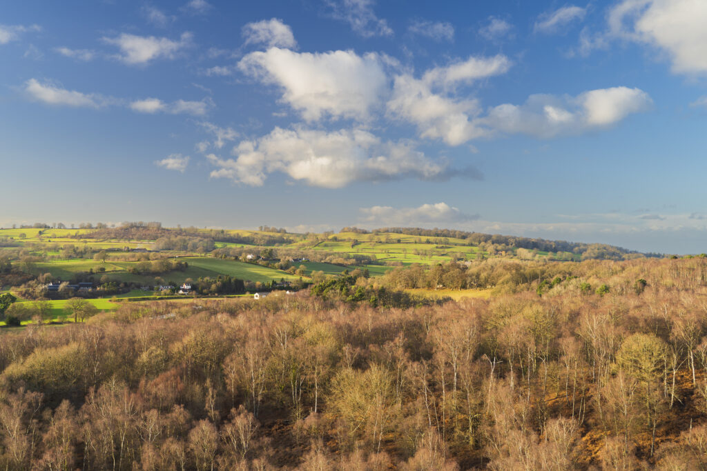 England, West Midlands, Kinver Edge. View from the top of Nannys Rock - a popular viewpoint along Kinver Edge.
